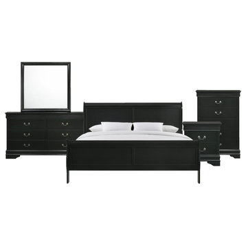 Louis Philippe King Panel 5 Piece Bedroom Set, Black