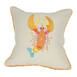 Xia Home Fashions - Square Coastal Embroidered Lobster Feather Filled Throw Pillow - Decorative Pillows
