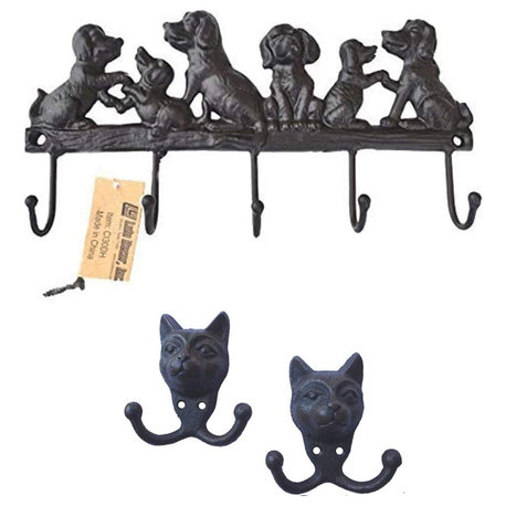 Cast Iron 5 Dog Key Hooks and 2 Cat Face Dual Hooks