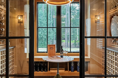 アトランタにあるトランジショナルスタイルのおしゃれなワインセラー (ワインラック、黒い床) の写真