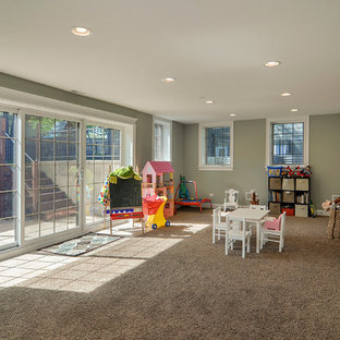 Inspiration for a large traditional walk-out basement in Chicago with green walls and carpet.