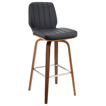 Renee Swivel Faux Leather and Wood Bar Stool, Gray and Walnut, Bar Height
