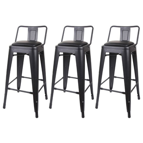 Black Low Back Metal Barstools With Black Vegan Leather Seat, Set of 3