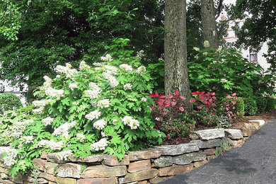 Design ideas for a mid-sized shade front yard concrete paver retaining wall landscape in Other.
