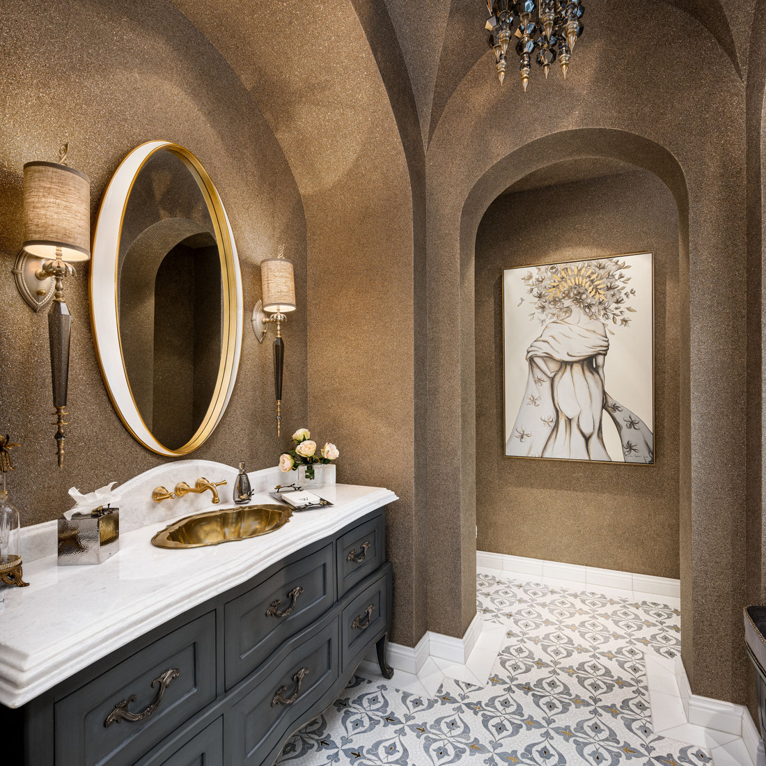 Gold Powder Bath with Patterned Tile and Arched Ceiling