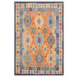 Bareens Designer Rugs - Tribal Turkish Kilim Jaleesa Hand-Woven Wool Rug - 8'5'' x 10'1'' - Elevate the elegance of your home with this stunning hand-woven tribal Kilim wool rug. Meticulously crafted on a loom by the Nomad Turkman people using hand-spun wool and 100% natural vegetable dyes, these rugs are recognized for their repetitive geometric patterns, incorporating naturalistic floral and traditional designs. The contemporary fashion palette results in bold, sharp patterns that are incredibly versatile, as the pattern is the same on both sides. These reversible rugs feature a lighter shade on one side and brighter colors on the other, providing versatility according to preference. These unique rugs are made by knotting short strands of different colors onto the warps and securing them by tightly pressing the wefts. The designs are created by interweaving the various colored wefts and warps. Kilims are known for their exceptional durability and versatility, making them truly unique rugs.  Product Details    Rug Size: 8'5'' x 10'1''  Material: 100% Wool  Style: Kilim, Flat Weave, Dhurrie, Turkish, Southwestern, Rustic, Tribal  Colors: Rust, Blue  Weave Type: Hand-Woven, Handmade  Pile Height: Less than 0.25 inch