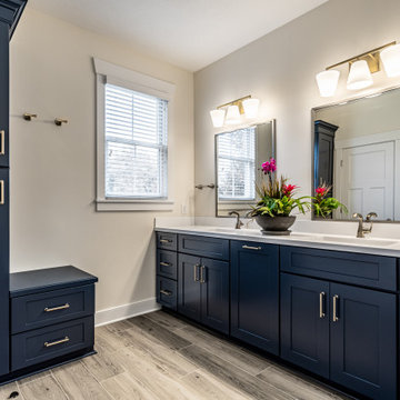 Transitional Primary Bathroom Remodel | Navy Vanity & Walk-In Shower