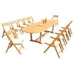 Teak Deals - 13-Piece Outdoor Teak Dining Set: 117" Masc Oval Table, 12 Surf Folding Chairs - Set includes: 117" Double Extension Oval Dining Table and 12 Folding Arm Chairs.