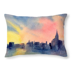 Blue Pink Yellow Sunset New York City Skyline Throw Pillows - Products