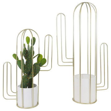 Gold Cactus With White Gold Pots, Stand, Set of 2