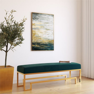 American Home Classic Laurence Steel and Velvet Bench in Gold and Green