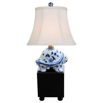 Blue and White Floral Pattern Turtle Figurine Table Lamp 16"