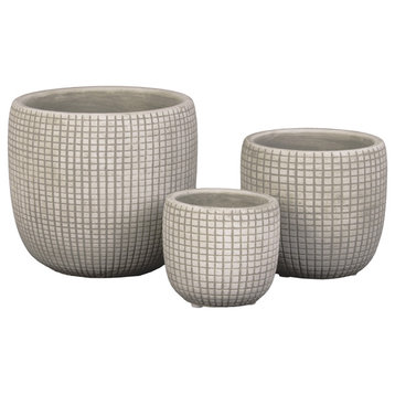 3-Piece Round Decorative Pot Set With Etched Square Lattice Design, White