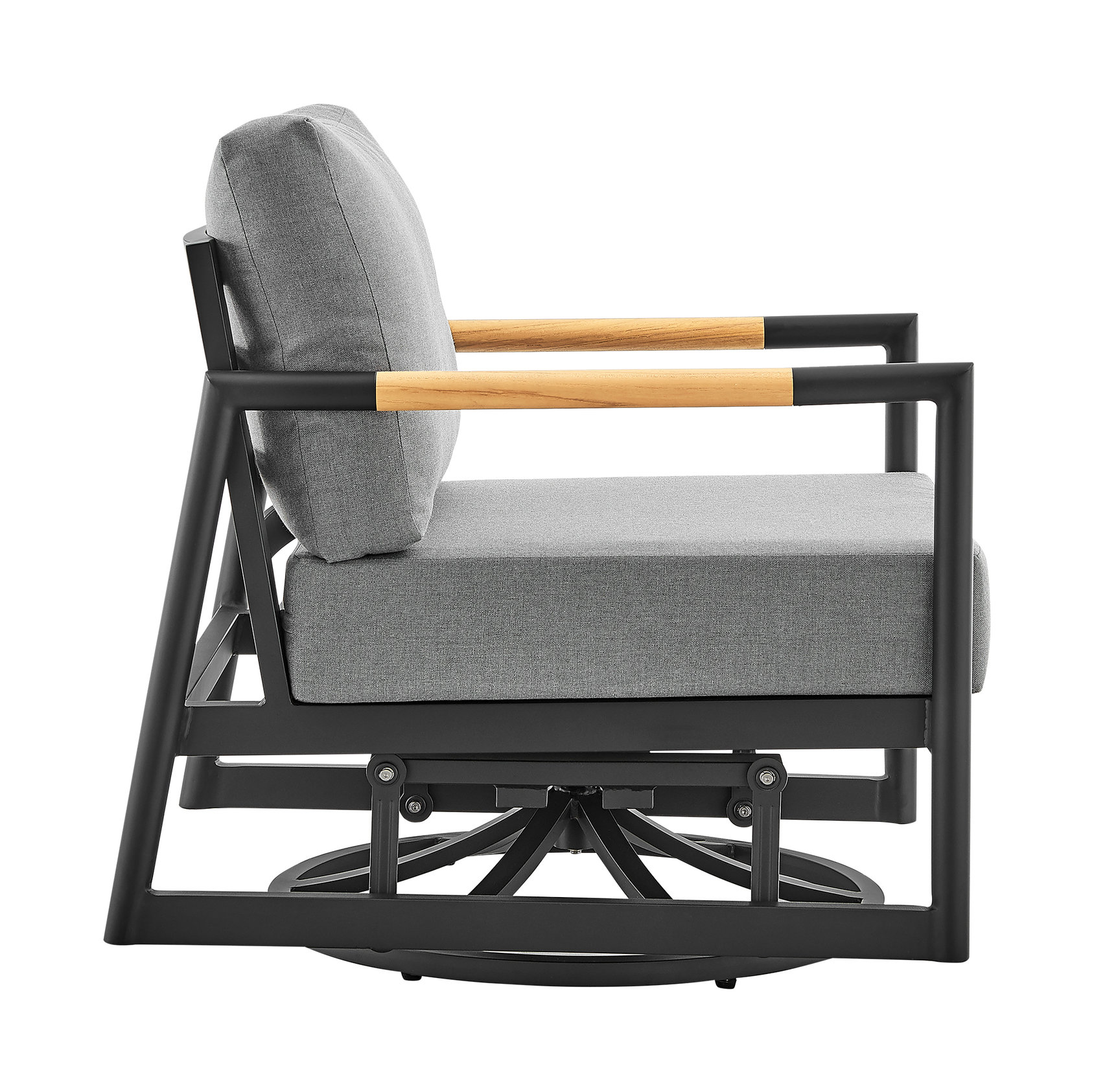 Royal Outdoor Swivel Glider Chair, Black Aluminum And Teak With Cushions
