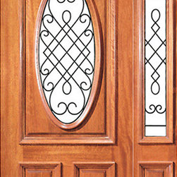 Prehung Mahogany Oval Entry Door One Sidelite Decorative Ironwork - Front Doors