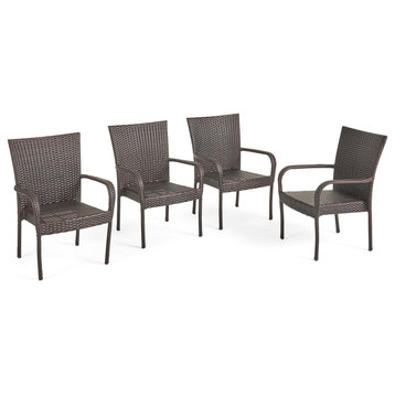 Ferndale Outdoor Contemporary Wicker Stacking Chairs (Set of 4), Multi-Brown