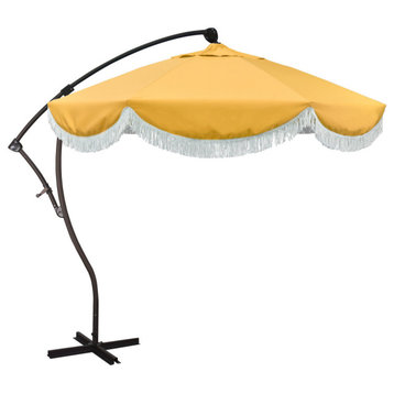 9' Surfside Cantilever Patio Umbrella With 360 Tilt and White Fringe, Buttercup