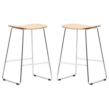 LeisureMod Melrose Modern Counter Stool With Chrome Base Set of 2 in Natural