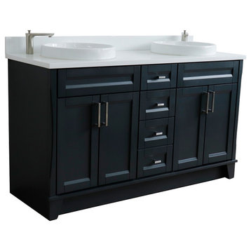 61" Double Sink Vanity, Dark Gray Finish And White Quartz And Round Sink