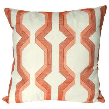 Contemporary Cotton Pillow With Geometric Embroidery, Red And White