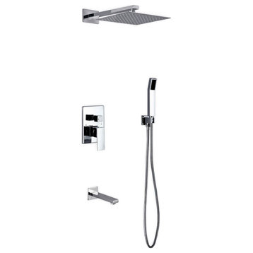 Aqua Piazza Set, 12" Square Rain Shower, Handheld and Tub Filler, Chrome