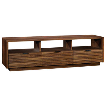 Transitional TV Stand, 3 Cubbies and 3 Drawers With Grooved Front, Grand Walnut
