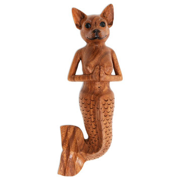 NOVICA Mermaid Dog And Wood Wall Sculpture