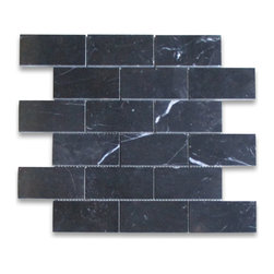 Stone Center Online - Nero Marquina Black Marble 2x4 Brick Subway Mosaic Tile Polished, 1 sheet - Wall And Floor Tile