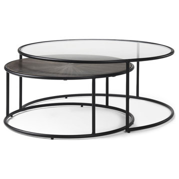 Arlo Set of 2 Brown Wood and Glass WithBlack Metal Coffee Tables