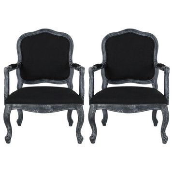 Stene French Country Upholstered Dining Armchair, Black + Grey, Set of 2