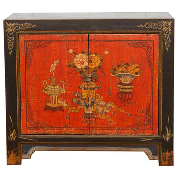 Mongolian Red and Black Floral Cabinet