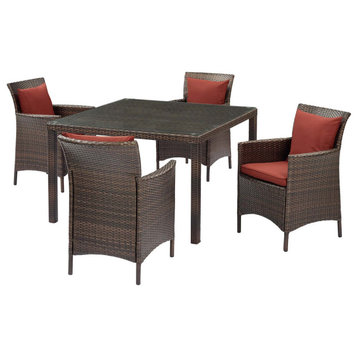 Modern Outdoor Patio Furniture Dining Chair and Table Set, Rattan Wicker, Red