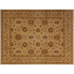 Bareens Designer Rugs - Shabby Chic Ziegler Nenita Tan Beige Hand-Knotted Wool Rug - 7'10'' x 10'4'' - Enhance the ambiance of your home with this magnificent Persian-influenced Turkish hand-knotted rug made by skilled artisans capable of creating the most exceptional vegetable dyes and hand-spun wool. This exquisite handmade rug is a one-of-a-kind Peshawar Kafkaz, otherwise identified as Chobi, Chobi Peshawar, Oushak, or Ziegler rug. These handmade rugs are crafted in Pakistan utilizing superior-quality wool imported from Australia, New Zealand, and Korea in two types of weaves: the Persian weave and the Mori weave. This rug is meticulously crafted by hand using the finest natural vegetable dyes extracted from local plants. The artisans use a blend of hand-spun local and fine merino wool, resulting in a rug with a compelling texture, higher lanolin content, and longer staple. The artisans occasionally incorporate natural or artificial silk into the pile to enhance specific motifs. The finished product is an awe-inspiring execution of flawless design and an understated palette that exudes elegance.