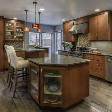 Transitional Open Layout Kitchen Remodel | Cherry Cabinets & Quartz Countertops