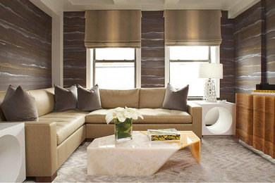 Inspiration for a small contemporary formal and enclosed carpeted living room remodel in New York with brown walls, no fireplace and no tv