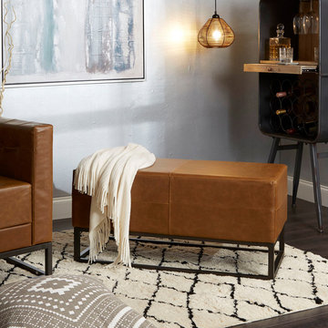 Jae Upholstered Panel Square Metal Frame Bench, Cognac