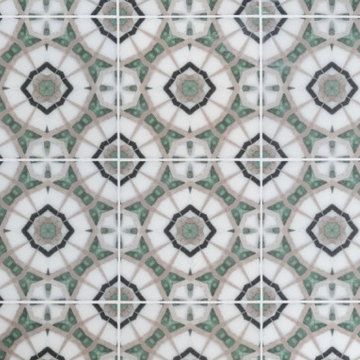Geometric Patterned Tile in Green, White, and Black