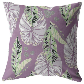 Tropics Broadcloth Indoor Outdoor Zippered Pillow Light Green, White On Purple