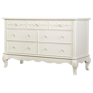 Contemporary Double Dresser, 7 Drawers With Ribbon and Scrollwork Details