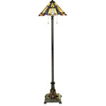 Quoizel - Quoizel TFF16191A5VA Inglenook 2 Light Floor Lamp in Valiant Bronze - This Arts and Crafts style features a pyramid shade with a stepped border for added visual interest. The classic geometric design includes art glass in shades of amber cream and tan accented with glass pieces in sapphire blue and rich green. The linear geometric details on the base makes it a perfect complement to the shade.