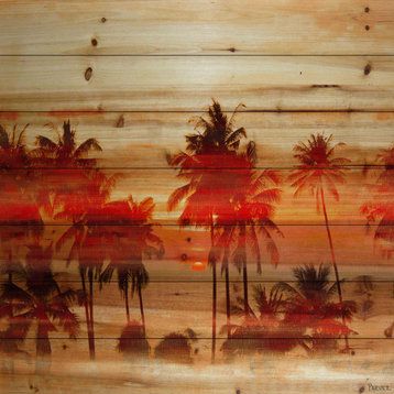 "Crimson Palms" Print on Natural Pine Wood, 24"x24"