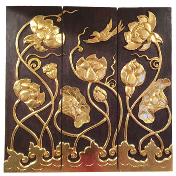 Asian Gold Wood Carved Lotus Flower and Flying Bird Relief Wall Art Panels. 36"