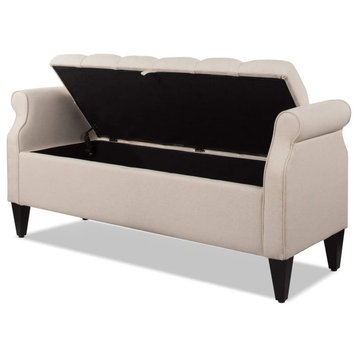 Storage Bench, Hardwood With Deep Tufted Seat and Rolled Arms, Sky Neutral Beige