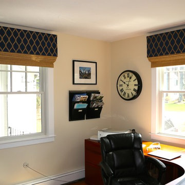 Cordless woven wood shade with contrast fabric Valance