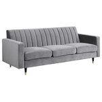 Meridian Furniture - Lola Velvet Upholstered Sofa, Gray - Cozy up to the comfort of this Lola Grey Velvet Sofa. Its rich color adds a jolt of excitement and fun to your space, shaking things up in a neutral-colored room. The back is channel tufted for a beautiful, contemporary look and to help the back cushioning maintain its welcoming loft. Elegant slant-tipped black legs with gold tips lend this sofa a charmingly modern finish and provide a sturdy foundation. Add it on its own, or add the matching loveseat and chair for a coordinated look.