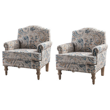 Lamber Wooden Upholstered Armchair With Camelback Set of 2, Paisley