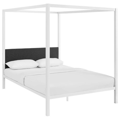 Raina Queen Canopy Steel Bed Frame, White/Gray