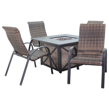 Courtyard Casual Santa Fe 5-Piece Square Fire Pit Set With 4 Wicker Chairs, Java