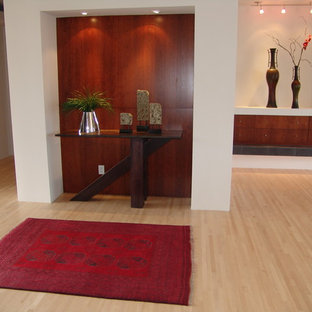 Mid-sized eclectic hallway in Albuquerque with white walls, light hardwood floors and brown floor.