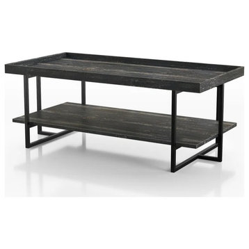 Industrial Coffee Table, Sleek Metal Legs With Rectangular Top and Shelf, Black